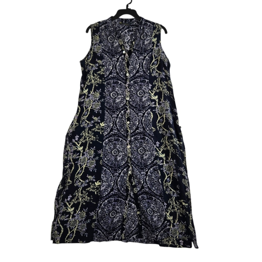 Avaasa Tunic Top Womens Large Duster Length Sleeveless Blue Floral Button Front